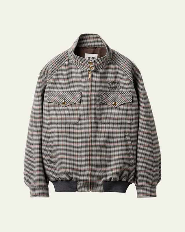 Check Oversized Zip Up Wool Bomber Jacket